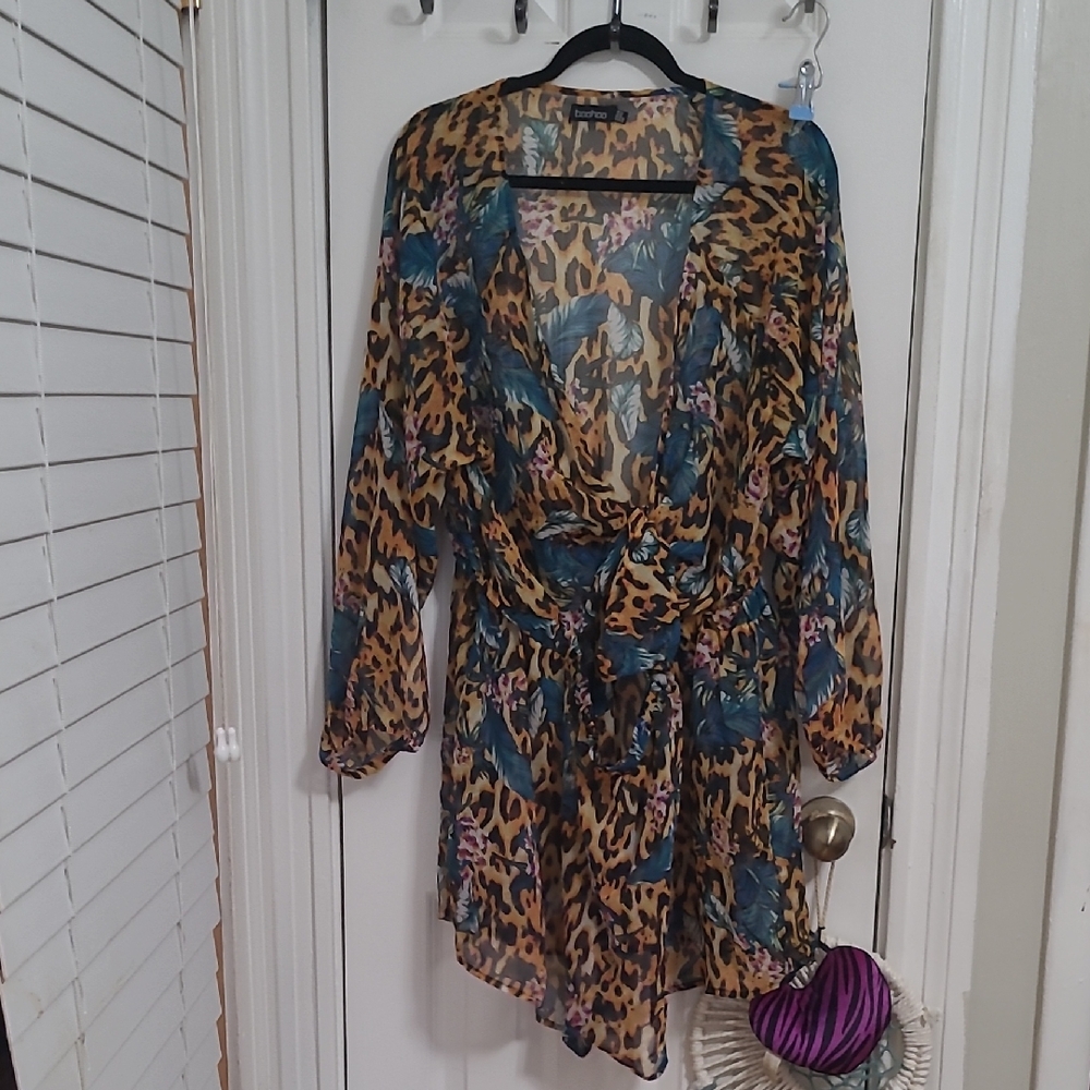NWOT Boohoo Animal Print Romper/ Cover-up with Blue and Purple Details